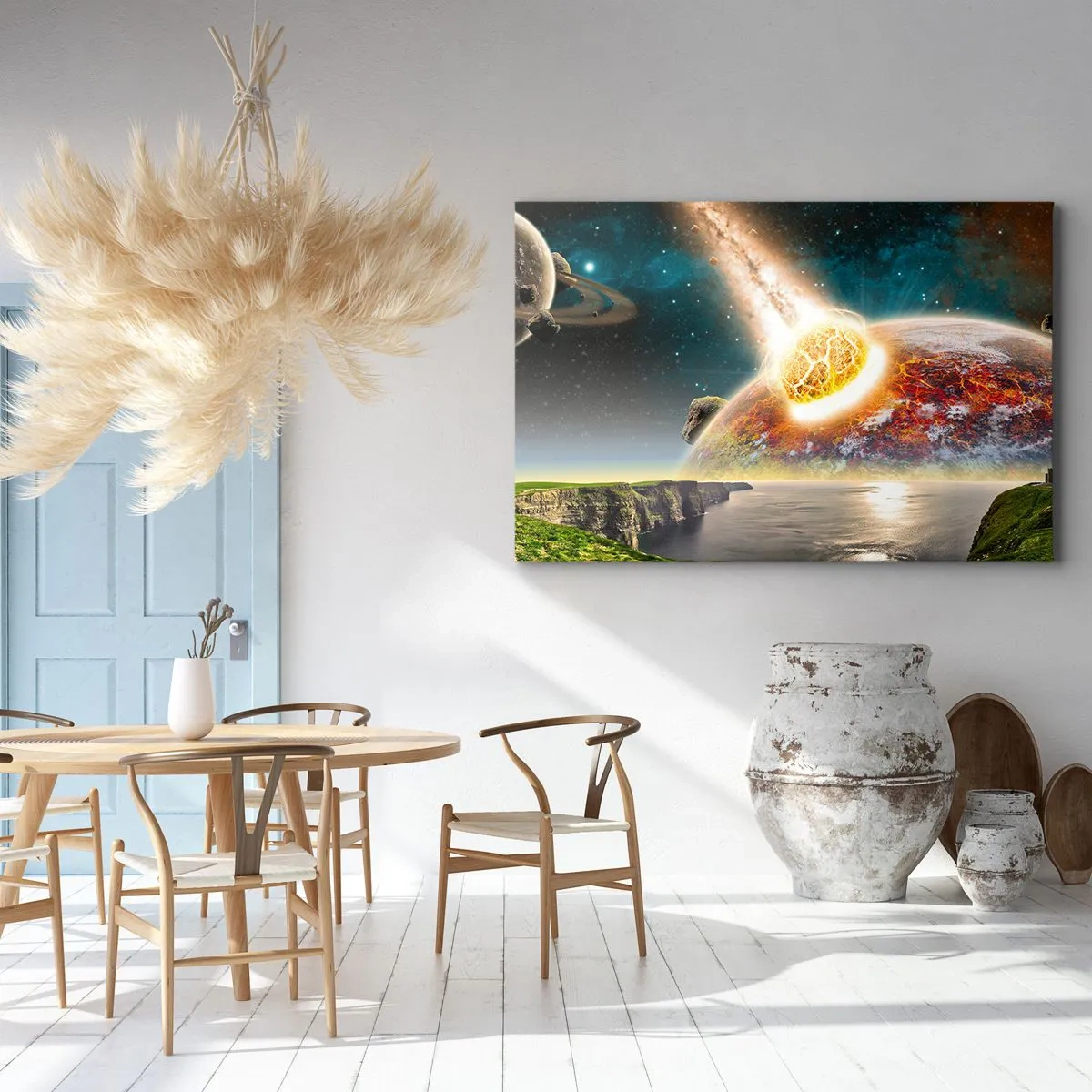 Cuadro sobre lienzo - Impresión de Imagen - Un meteorito choca con un planeta en un paisaje cósmico. - 100x70cm - Drama cósmico - Decoración de pared moderna para salón y dormitorio ARTTOR