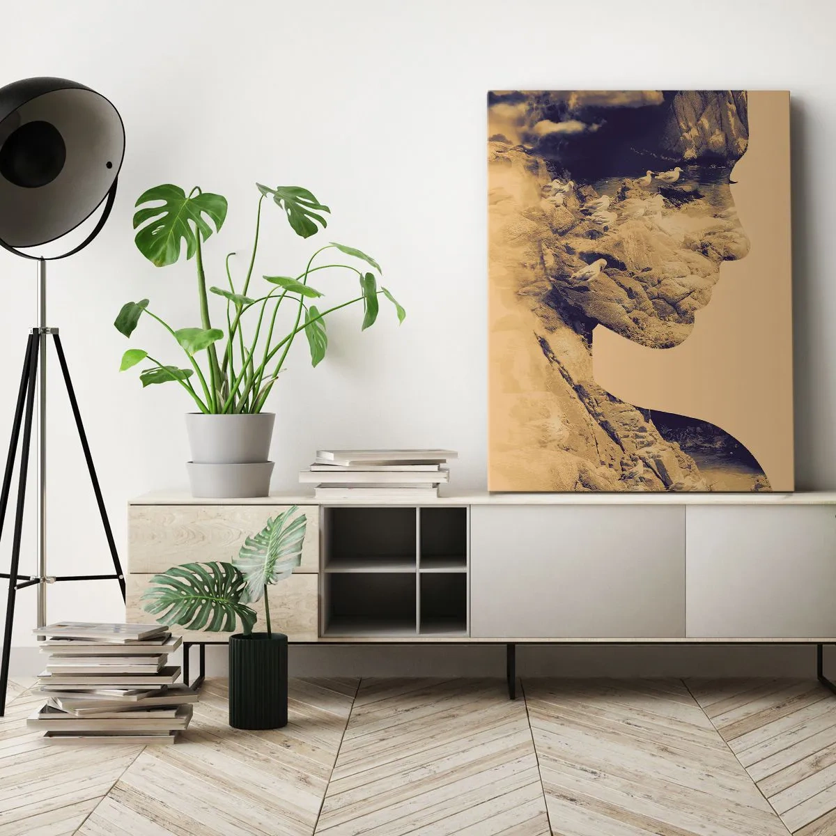 Cuadro sobre lienzo - Impresión de Imagen - Perfil de una mujer con la naturaleza al fondo en tonos cálidos - 50x70cm - Hermosa por naturaleza - Decoración de pared moderna para salón y dormitorio ARTTOR