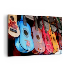 Cuadro sobre lienzo - Impresión de Imagen - Guitarras acústicas de colores cuelgan en fila en exhibición - 120x80cm - Estilo latino - Decoración de pared moderna para salón y dormitorio ARTTOR