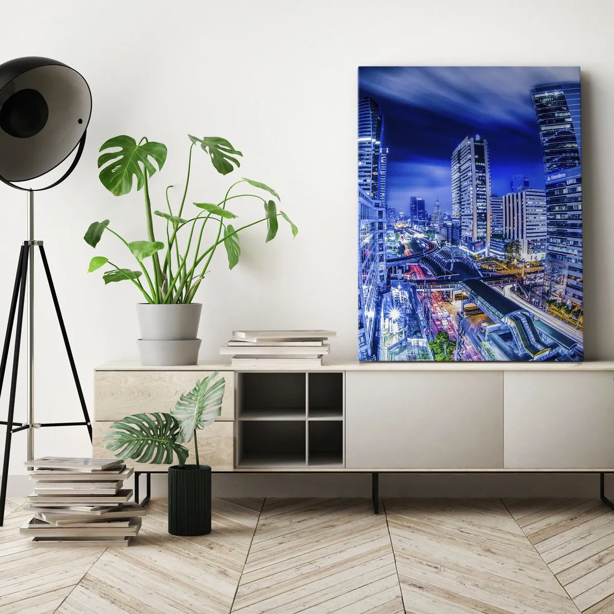 Cuadro sobre lienzo - Impresión de Imagen - Panorama nocturno de la ciudad con rascacielos y farolas - 50x70cm - Ritmos de la ciudad nocturna - Decoración de pared moderna para salón y dormitorio ARTTOR