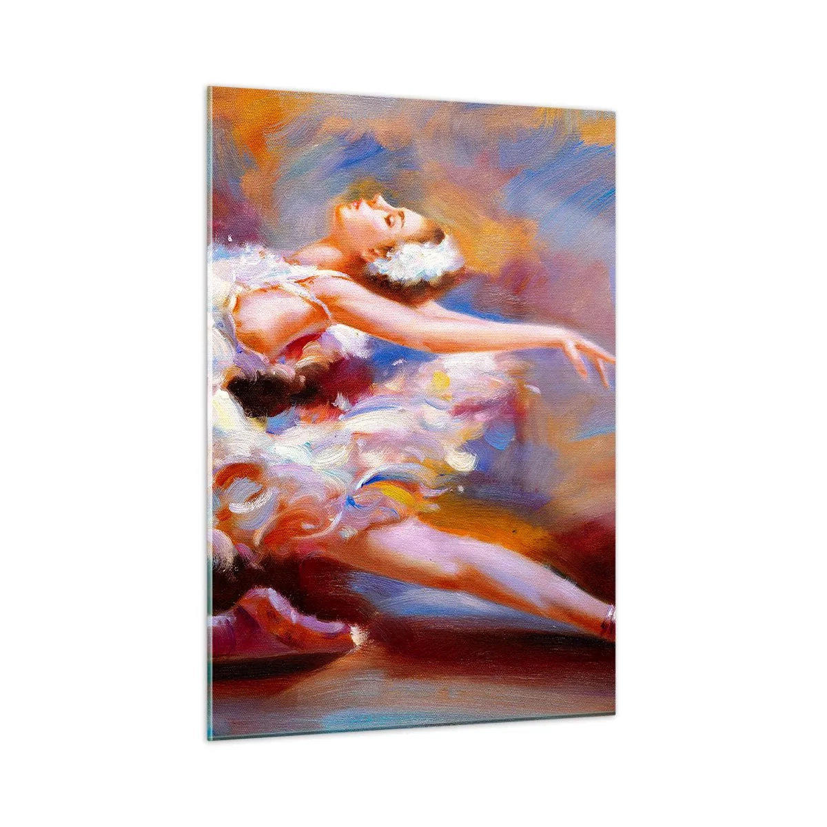 Cuadro sobre vidrio - Impresiones sobre Vidrio - Una bailarina en una pose dinámica sobre un fondo de colores abstractos. - 50x70cm - El lago de los cisnes - Decoración de pared moderna para salón y dormitorio ARTTOR