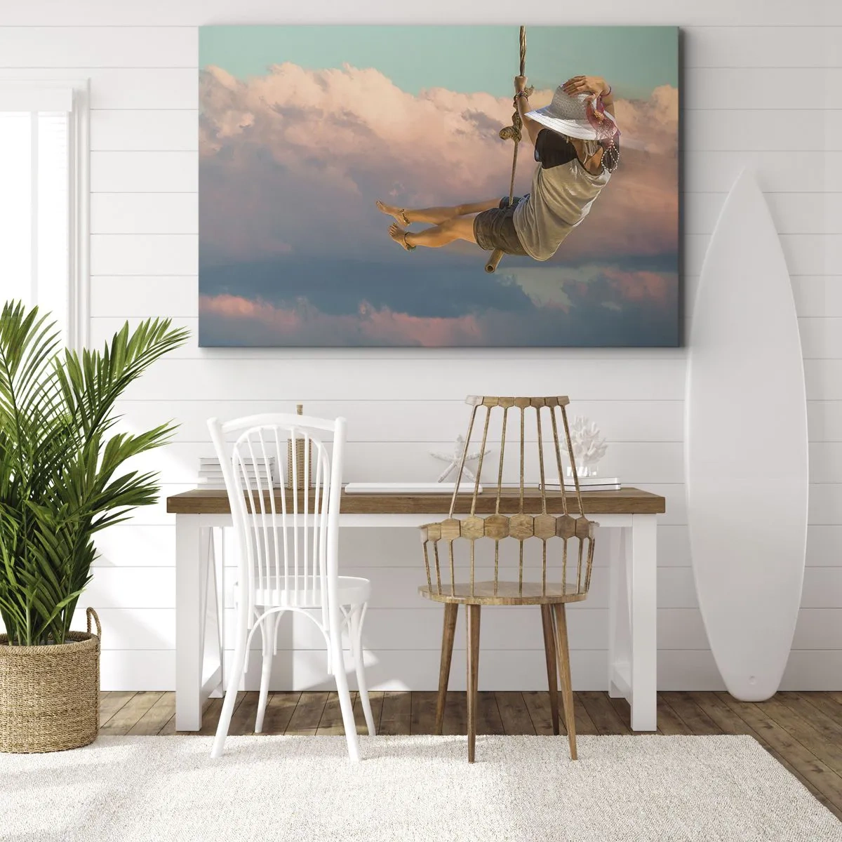 Cuadro sobre lienzo - Impresión de Imagen - Mujer en un columpio entre nubes rosas - 70x50cm - Jugando en las nubes - Decoración de pared moderna para salón y dormitorio ARTTOR