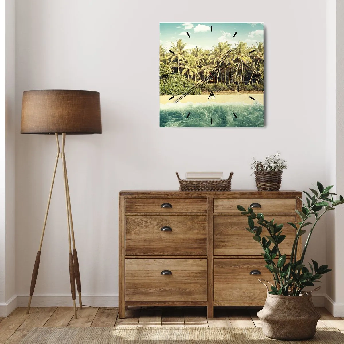 Reloj de pared - Reloj de vidrio - Playa tropical con palmeras y mar turquesa. - 30x30cm - ¿Qué tal aquí? - Decoración de pared moderna para salón y dormitorio ARTTOR