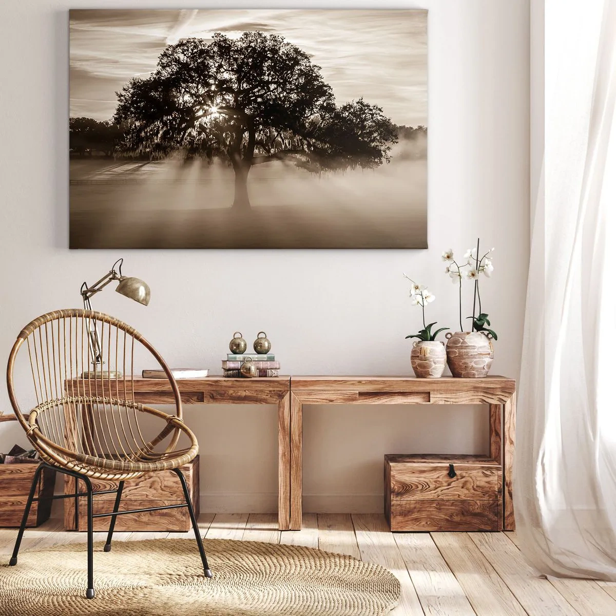 Cuadro sobre lienzo - Impresión de Imagen - Rayos de sol brillando a través de un árbol solitario. - 120x80cm - Un árbol de buenas noticias  - Decoración de pared moderna para salón y dormitorio ARTTOR