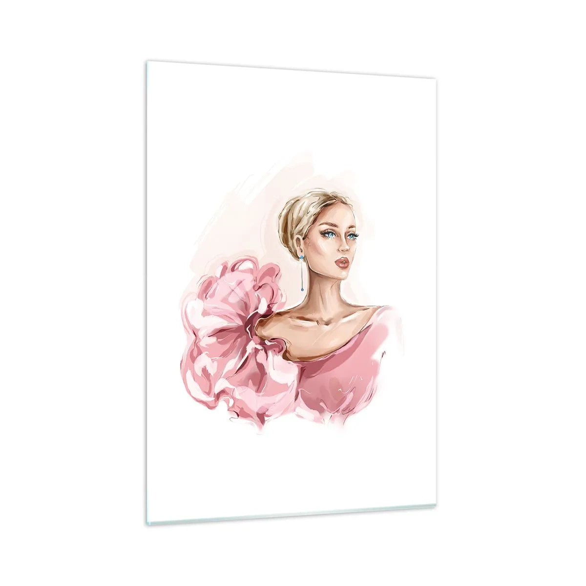Cuadro sobre vidrio - Impresiones sobre Vidrio - Retrato estilizado de una mujer con un vestido rosa. - 50x70cm - Recuérdame como una pintura... - Decoración de pared moderna para salón y dormitorio ARTTOR