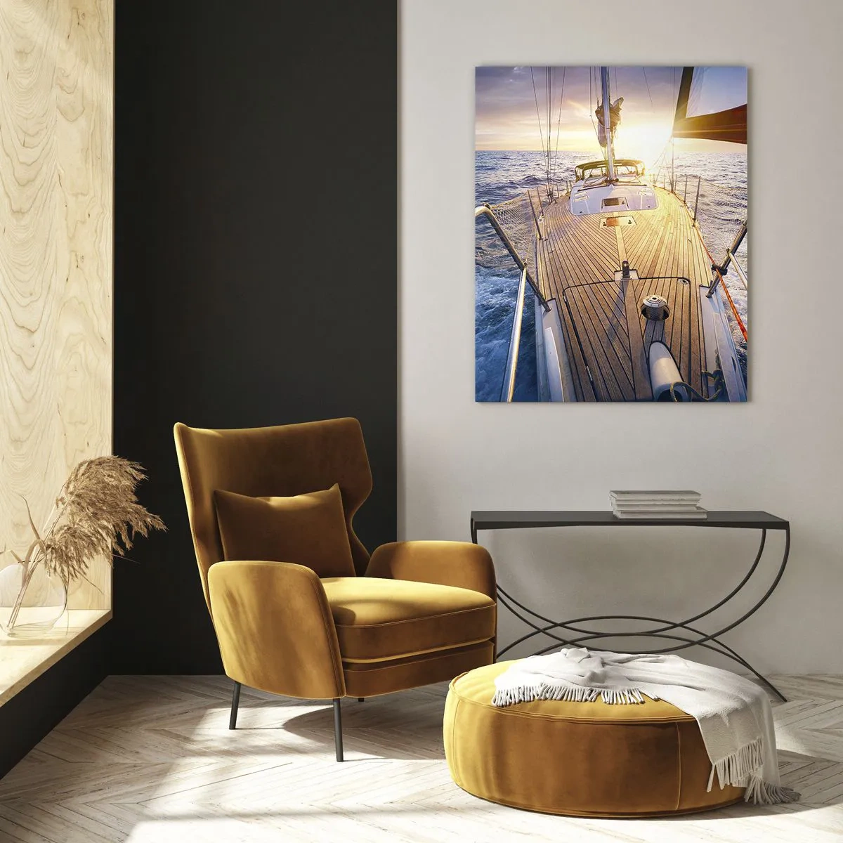 Cuadro sobre vidrio - Impresiones sobre Vidrio - La cubierta de un velero con el sol poniente y las olas del mar como telón de fondo. - 50x70cm - Corriendo sobre las olas - Decoración de pared moderna para salón y dormitorio ARTTOR
