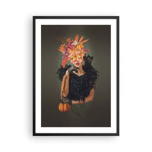 Póster en marco negro - Retrato artístico de una mujer con flores, una calabaza y un gato negro. - 50x70cm - Hechizo de bruja - Decoración de pared moderna para salón y dormitorio ARTTOR
