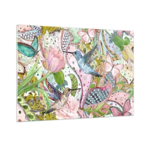 Cuadro sobre vidrio - Impresiones sobre Vidrio - Colibríes coloridos entre flores y mariposas. - 100x70cm - Enredado en las vides - Decoración de pared moderna para salón y dormitorio ARTTOR
