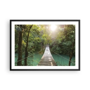 Póster en marco negro - Un puente colgante en un bosque tropical iluminado por la luz del sol. - 70x50cm - Sobre el agua azul hacia el bosque - Decoración de pared moderna para salón y dormitorio ARTTOR