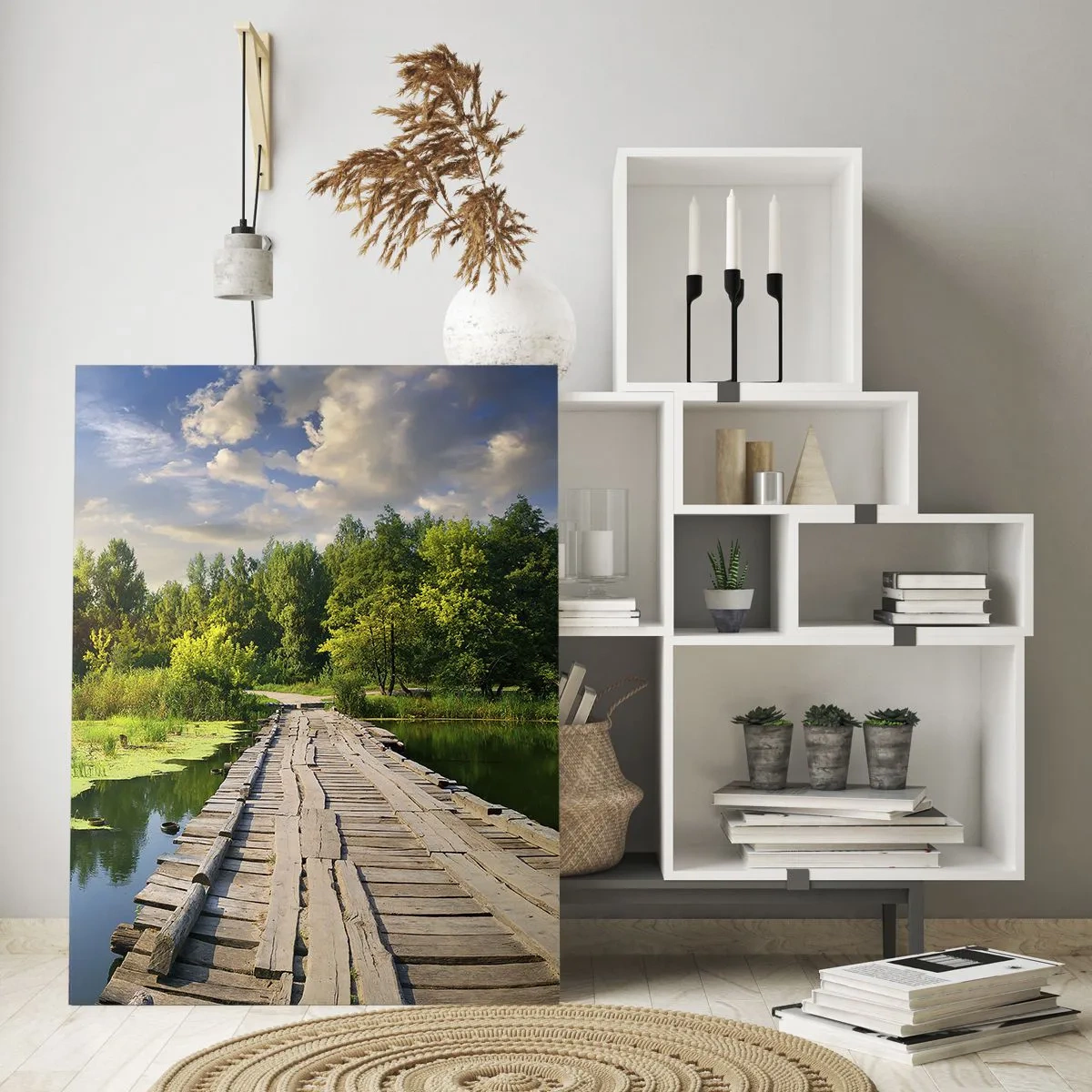 Cuadro sobre vidrio - Impresiones sobre Vidrio - Un paisaje pintoresco con un puente y un cisne. - 70x100cm - Verano, verano en todas partes - Decoración de pared moderna para salón y dormitorio ARTTOR