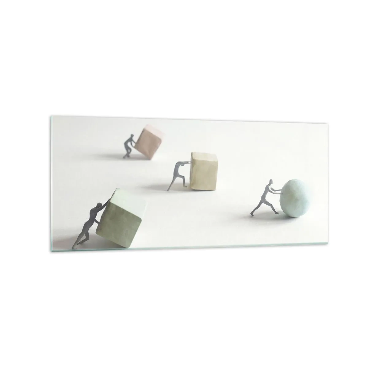 Cuadro sobre vidrio - Impresiones sobre Vidrio - Figuras en miniatura que empujan formas contra un fondo claro. - 120x50cm - El avance de la geometría - Decoración de pared moderna para salón y dormitorio ARTTOR