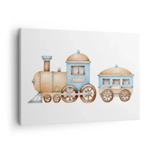 Cuadro sobre lienzo - Impresión de Imagen - Dibujo de un tren en tonos pastel sobre fondo blanco. - 70x50cm - De pie en la estación... - Decoración de pared moderna para salón y dormitorio ARTTOR