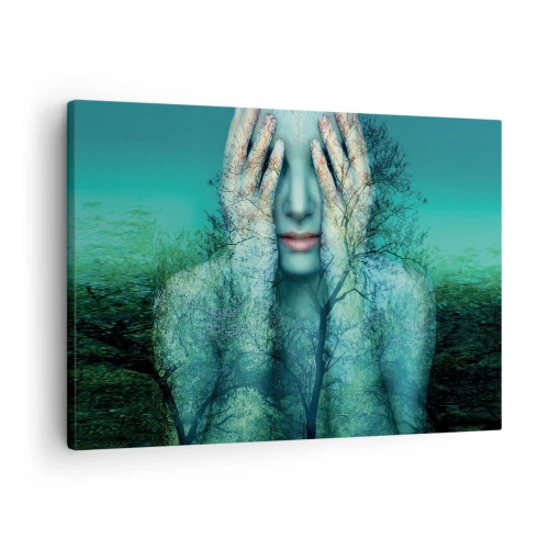 Cuadro sobre lienzo - Impresión de Imagen - Figura de mujer con motivo de árbol sobre un fondo de paisaje turquesa. - 70x50cm - Sumergida en azul - Decoración de pared moderna para salón y dormitorio ARTTOR