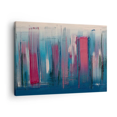 Cuadro sobre lienzo - Impresión de Imagen - Formas verticales abstractas en tonos azules y rojos. - 70x50cm - Composición vertical en azul y rojo - Decoración de pared moderna para salón y dormitorio ARTTOR