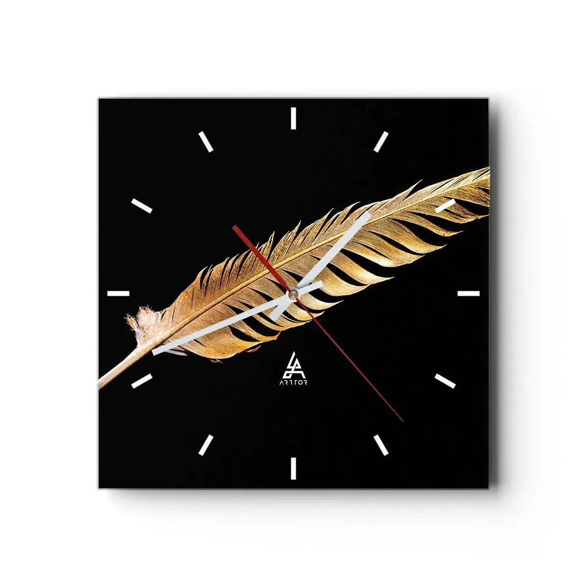 Reloj de pared - Reloj de vidrio - Pluma dorada sobre fondo negro - 30x30cm - Pluma de alta calidad - Decoración de pared moderna para salón y dormitorio ARTTOR