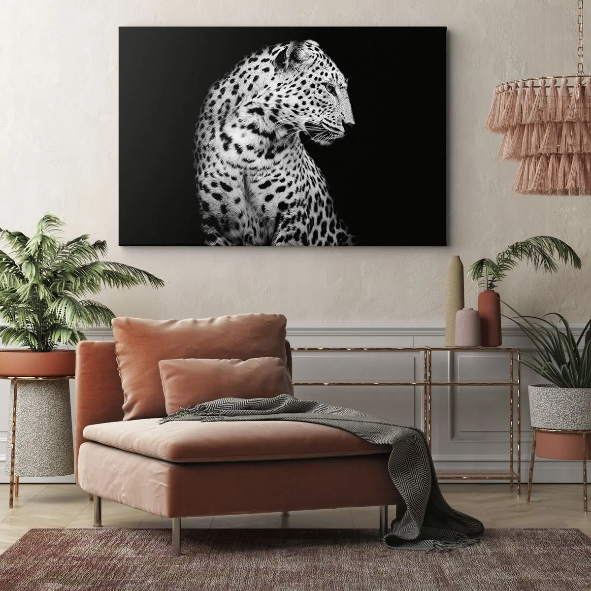 Cuadro sobre lienzo - Impresión de Imagen - Imagen en blanco y negro de un leopardo sobre un fondo negro. - 120x80cm - El perfil derecho es perfecto - Decoración de pared moderna para salón y dormitorio ARTTOR
