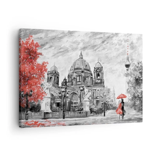 Cuadro sobre lienzo - Impresión de Imagen - Escena en blanco y negro con Berlín, un paraguas rojo y un árbol. - 70x50cm - Reunión en Berlín - Decoración de pared moderna para salón y dormitorio ARTTOR