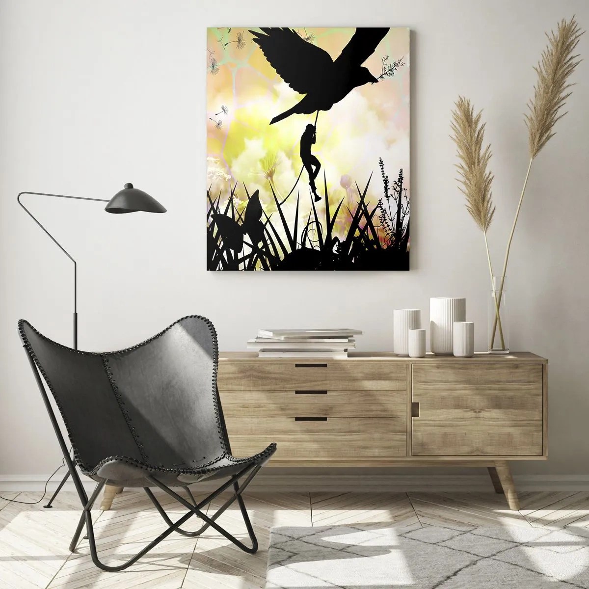 Cuadro sobre vidrio - Impresiones sobre Vidrio - Silueta de naturaleza con un pájaro y un diente de león. - 80x120cm - En un ambiente de cuento de hadas - Decoración de pared moderna para salón y dormitorio ARTTOR
