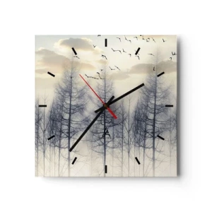 Reloj de pared - Reloj de vidrio - Bosque brumoso con pájaros contra el cielo del atardecer - 30x30cm - Espíritus del bosque - Decoración de pared moderna para salón y dormitorio ARTTOR