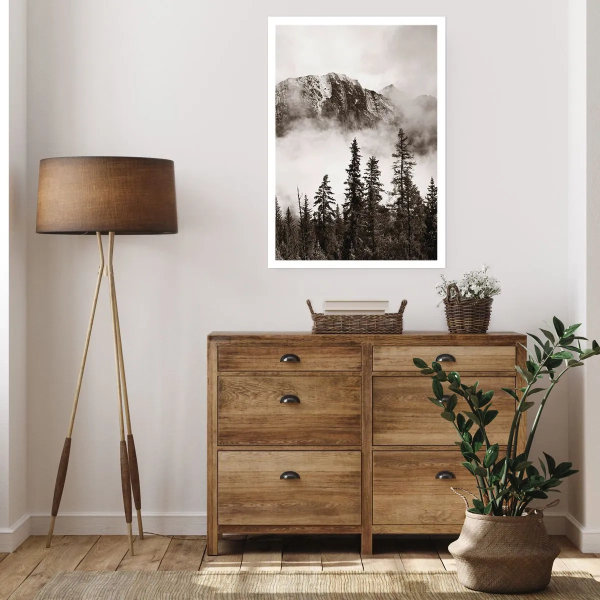 Póster - Paisaje de montaña con árboles y niebla. - 50x70cm - Gobernante de granito - Decoración de pared moderna para salón y dormitorio ARTTOR