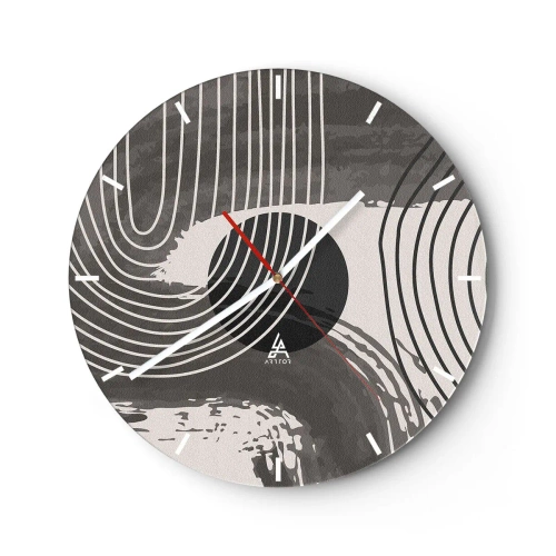 Reloj de pared - Reloj de vidrio - Líneas blancas y negras en un ritmo ondulado que rodea un círculo negro. - 30x30cm - La victoria del óvalo - Decoración de pared moderna para salón, cocina y dormitorio ARTTOR
