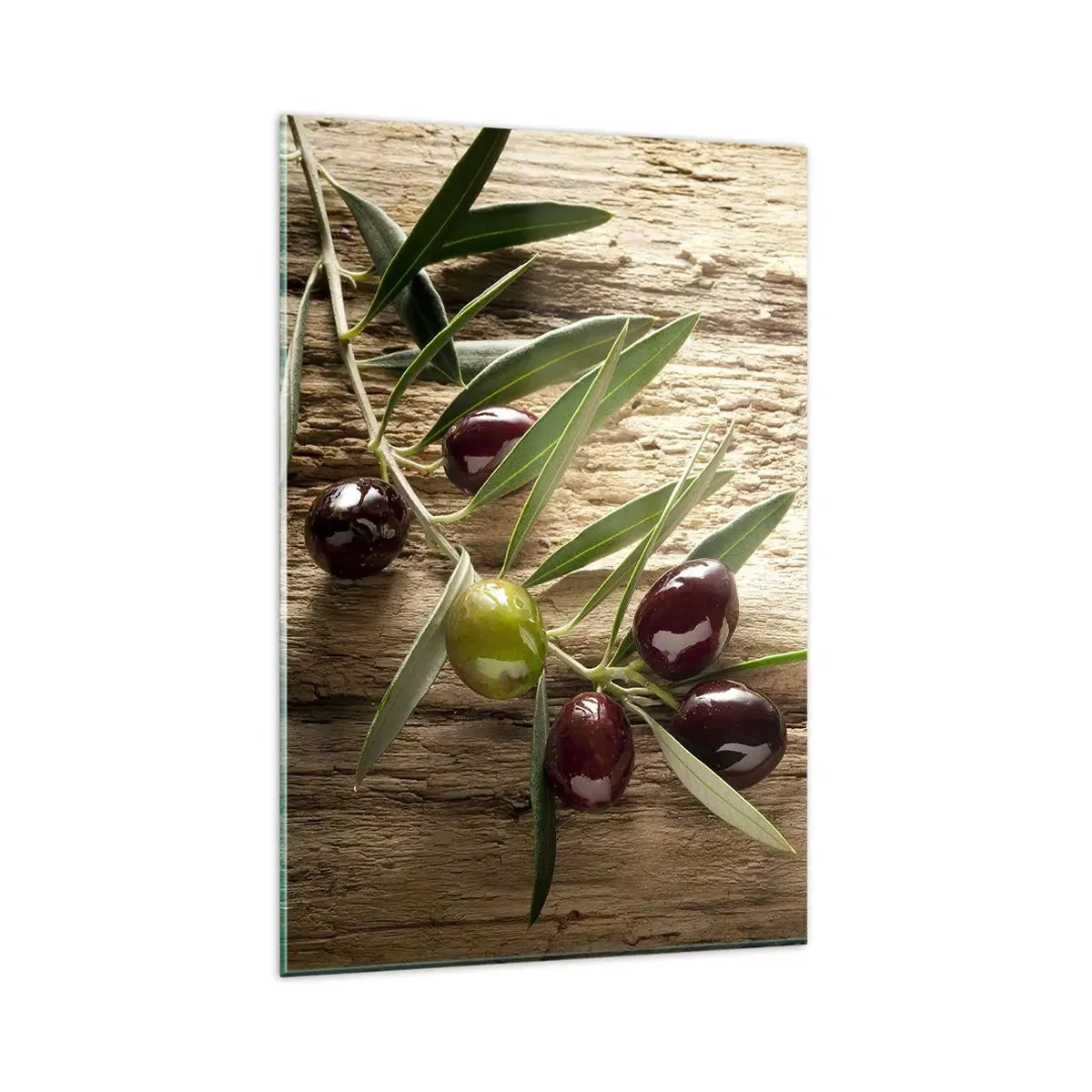 Cuadro sobre vidrio - Impresiones sobre Vidrio - Rama de olivo con fruta sobre un fondo de madera envejecida - 80x120cm - Directamente de la naturaleza - Decoración de pared moderna para salón y dormitorio ARTTOR