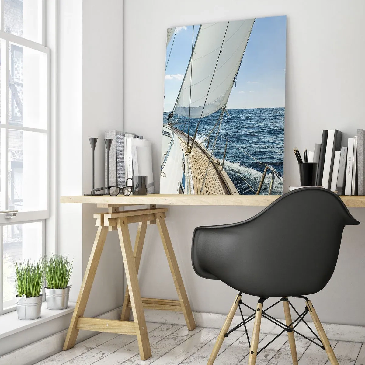 Cuadro sobre vidrio - Impresiones sobre Vidrio - Un velero en un mar tranquilo bajo un cielo azul. - 70x100cm - Ahoy, a la aventura - Decoración de pared moderna para salón y dormitorio ARTTOR