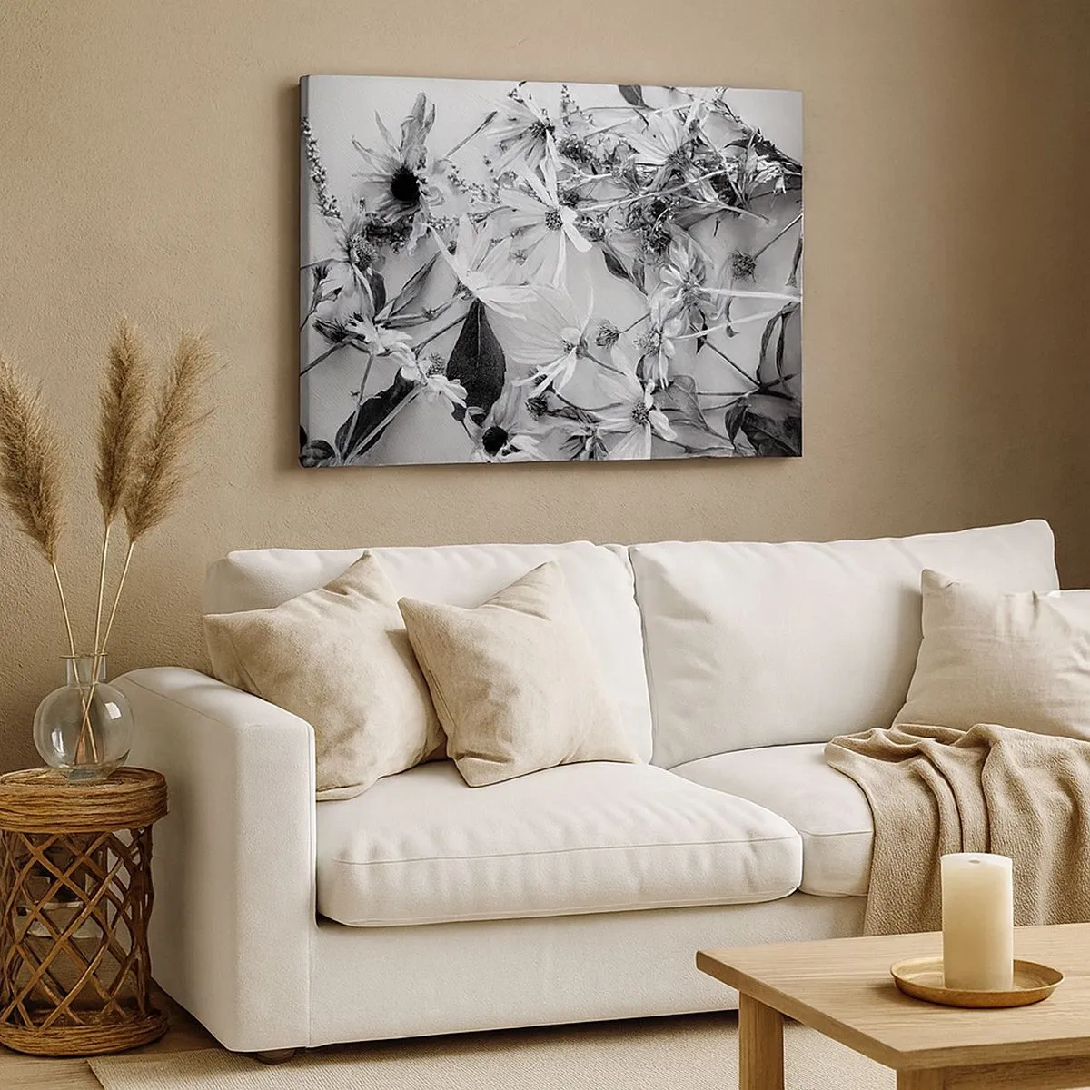 Cuadro sobre lienzo - Impresión de Imagen - Arreglos florales en blanco y negro en un sutil estilo artístico. - 70x50cm - Un no ramo de flores - Decoración de pared moderna para salón y dormitorio ARTTOR