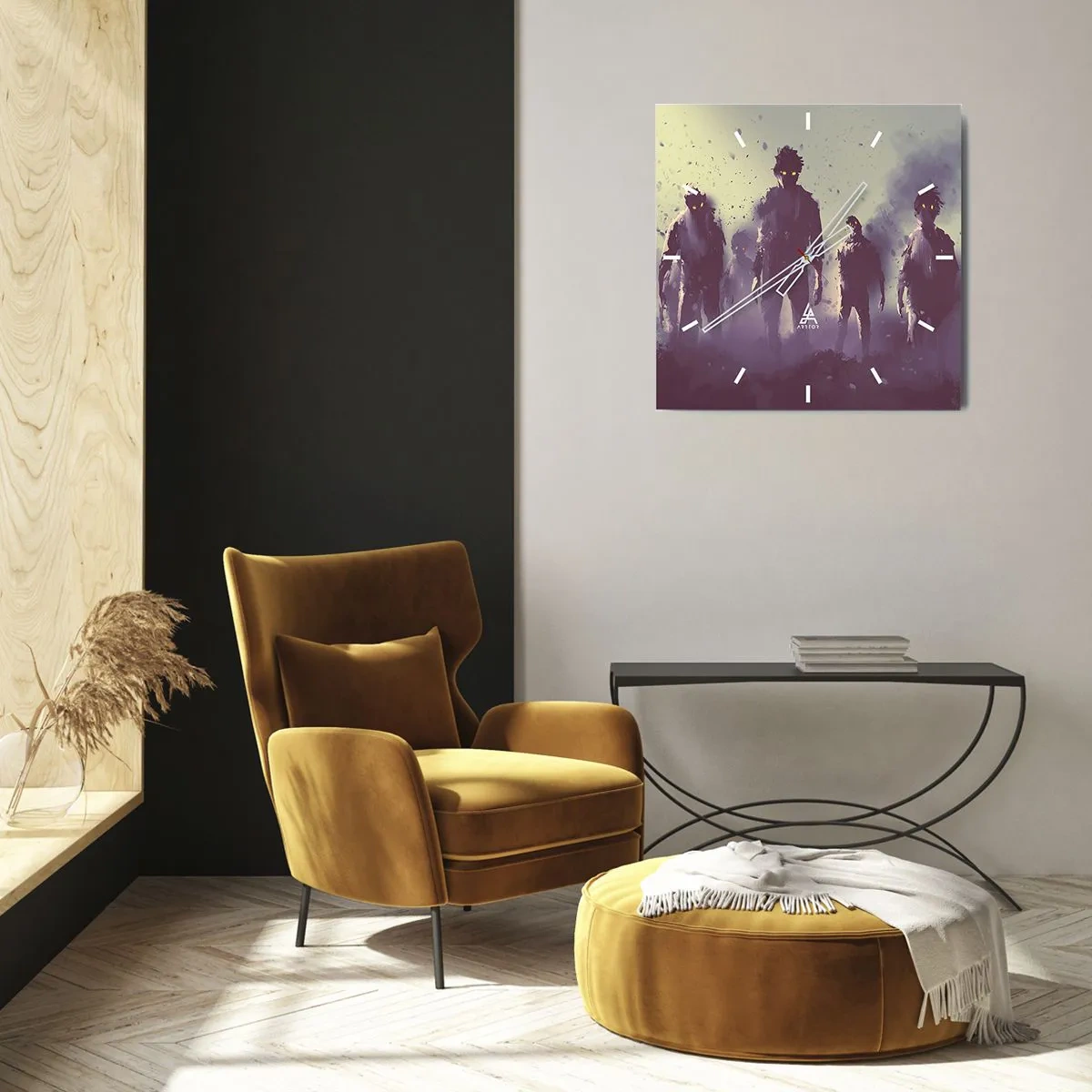 Reloj de pared - Reloj de vidrio - Escena oscura con siluetas con ojos amarillos. - 30x30cm - ¡Cuidado! Aquí vienen - Decoración de pared moderna para salón y dormitorio ARTTOR