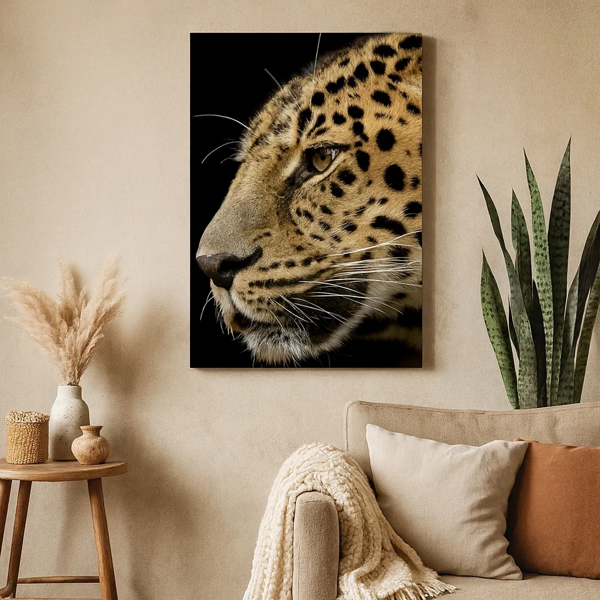 Cuadro sobre lienzo - Impresión de Imagen - Primer plano de la cabeza de un leopardo sobre un fondo negro - 50x70cm - Tranquilo, concentrado, preparado - Decoración de pared moderna para salón y dormitorio ARTTOR