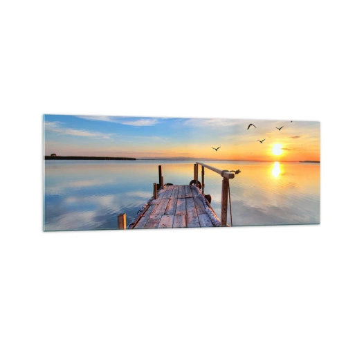 Cuadro sobre vidrio - Impresiones sobre Vidrio - Muelle de madera al atardecer en un lago tranquilo - 140x50cm - Caminando hacia el sol - Decoración de pared moderna para salón y dormitorio ARTTOR