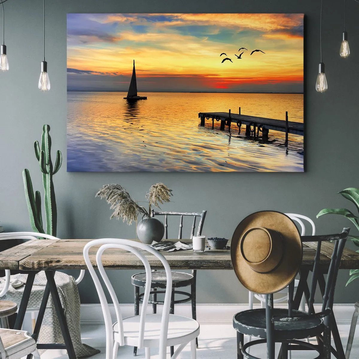 Cuadro sobre lienzo - Impresión de Imagen - Puesta de sol con un velero y un muelle en un lago tranquilo - 70x50cm - Regresos nocturnos - Decoración de pared moderna para salón y dormitorio ARTTOR
