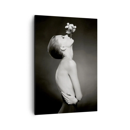 Cuadro sobre lienzo - Impresión de Imagen - Silueta en blanco y negro de una mujer con una flor. - 50x70cm - Elegancia excéntrica - Decoración de pared moderna para salón y dormitorio ARTTOR