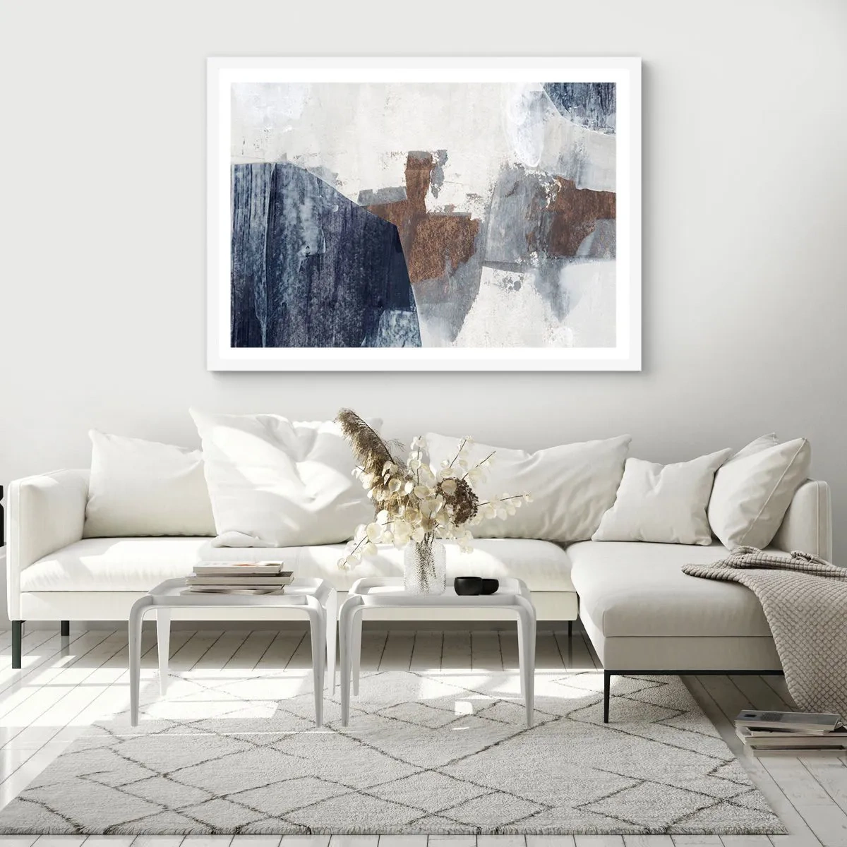 Póster en marco blanco - Formas azules y marrones - 91x61 cm