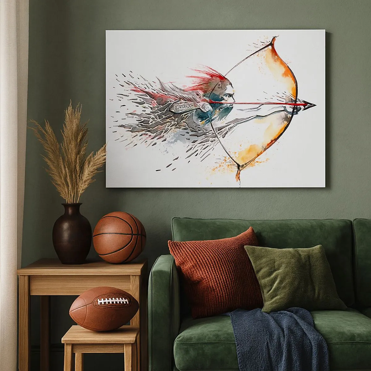 Cuadro sobre lienzo - Impresión de Imagen - Pintura dinámica de acuarela de un guerrero con arco y flecha. - 70x50cm - Guerrero mítico con arco de fuego - Decoración de pared moderna para salón y dormitorio ARTTOR