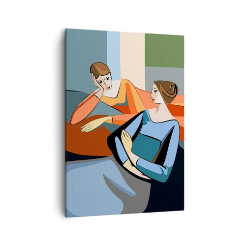 Cuadro sobre lienzo - Impresión de Imagen - Ilustración abstracta de dos mujeres en estilo cubista. - 50x70cm - Un momento de confidencias - Decoración de pared moderna para salón y dormitorio ARTTOR