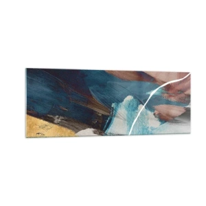 Cuadro sobre vidrio - Impresiones sobre Vidrio - Pinceladas abstractas en tonos azules y dorados. - 140x50cm - Con estilo y energía - Decoración de pared moderna para salón y dormitorio ARTTOR