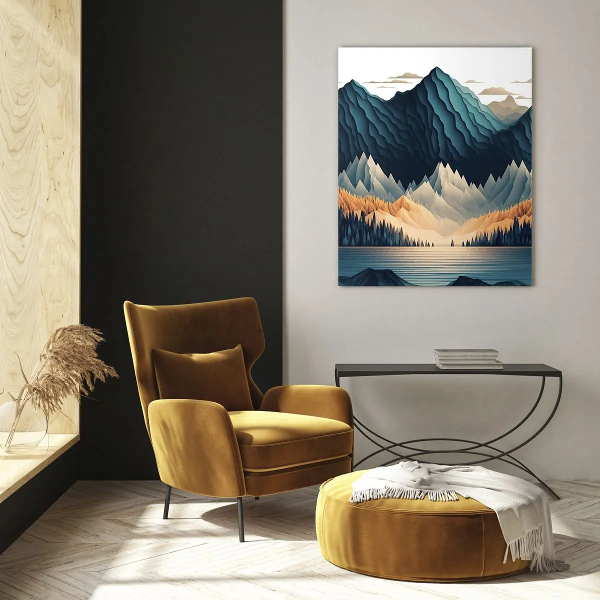 Cuadro sobre vidrio - Impresiones sobre Vidrio - Paisaje de montaña estilizado con un bosque y un lago. - 50x70cm - Paisaje perfecto de montañas - Decoración de pared moderna para salón y dormitorio ARTTOR