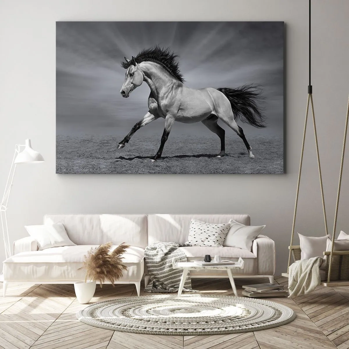 Cuadro sobre lienzo - Impresión de Imagen - Un caballo blanco y negro en una pose dinámica en el desierto. - 100x70cm - Nacido para deleitar - Decoración de pared moderna para salón y dormitorio ARTTOR