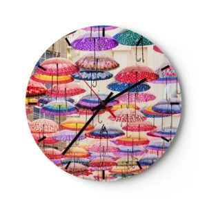 Reloj de pared - Reloj de vidrio - Paraguas de colores colgando sobre la calle - 30x30cm - Pradera urbana - Decoración de pared moderna para salón, cocina y dormitorio ARTTOR