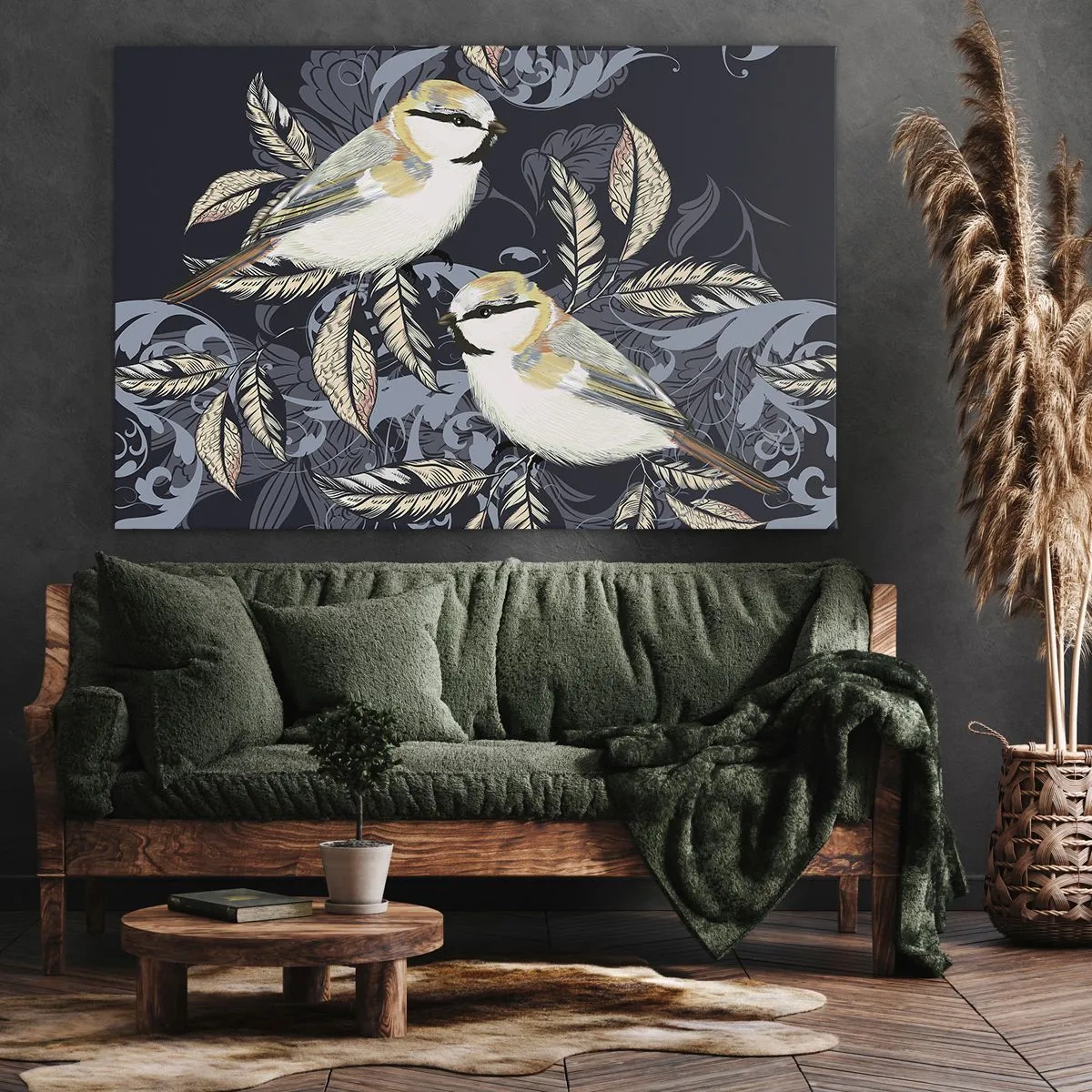 Cuadro sobre lienzo - Impresión de Imagen - Pájaros en ramas sobre un fondo ornamental. - 70x50cm - En la copa del árbol - Decoración de pared moderna para salón y dormitorio ARTTOR