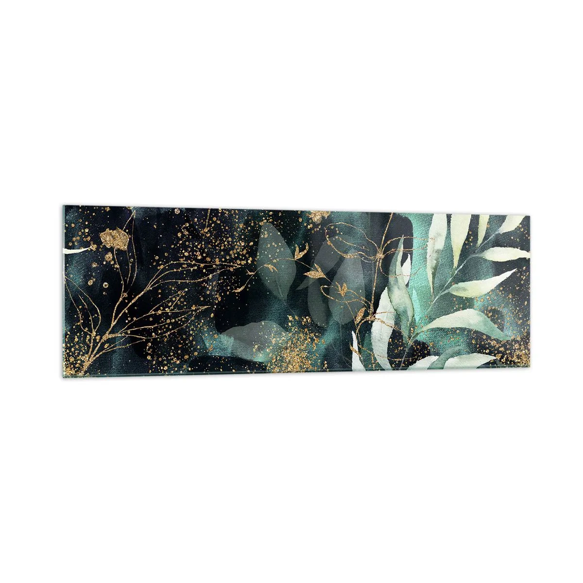 Cuadro sobre vidrio - Impresiones sobre Vidrio - Hojas elegantes sobre un fondo oscuro con acentos dorados. - 160x50cm - Jardín encantado - Decoración de pared moderna para salón y dormitorio ARTTOR