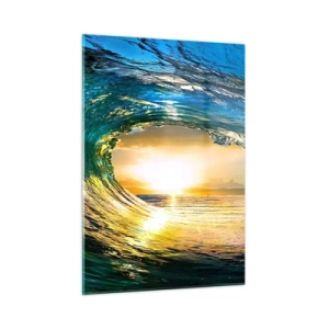 Cuadro sobre vidrio - Impresiones sobre Vidrio - Una ola del océano capturada a la luz del sol poniente. - 50x70cm - Ojo de esperanza - Decoración de pared moderna para salón y dormitorio ARTTOR