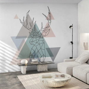 Fotomural Premium Canvas - Ciervo geométrico sobre un fondo de triángulos pastel. - 100x70cm - En un bosque geométrico - Decoración de pared moderna para salón y dormitorio ARTTOR