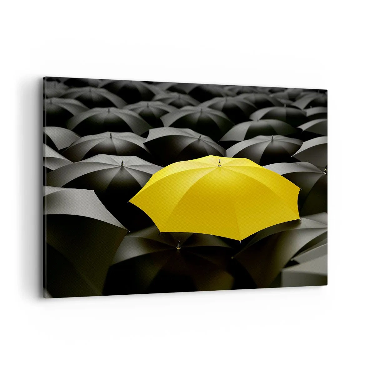 Cuadro sobre lienzo - Impresión de Imagen - Un paraguas amarillo entre paraguas negros. - 120x80cm - Adiós a la tristeza - Decoración de pared moderna para salón y dormitorio ARTTOR