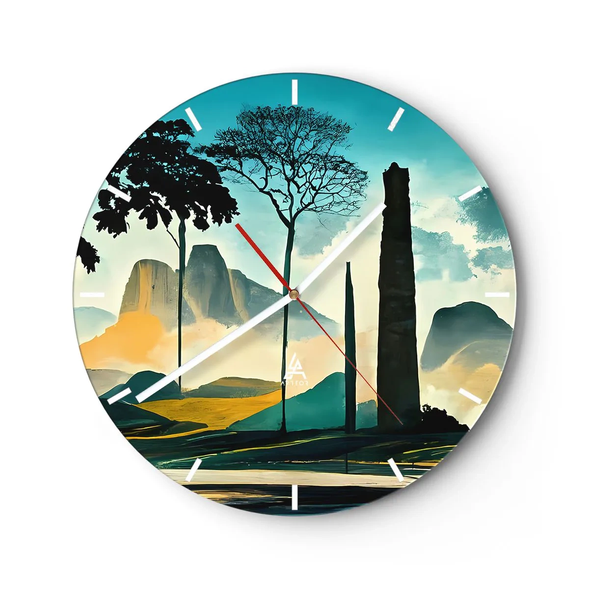 Reloj de pared - Reloj de vidrio - Árboles y formaciones rocosas con un fondo de montañas por la mañana. - 30x30cm - Cada vez a más altitud - Decoración de pared moderna para salón, cocina y dormitorio ARTTOR