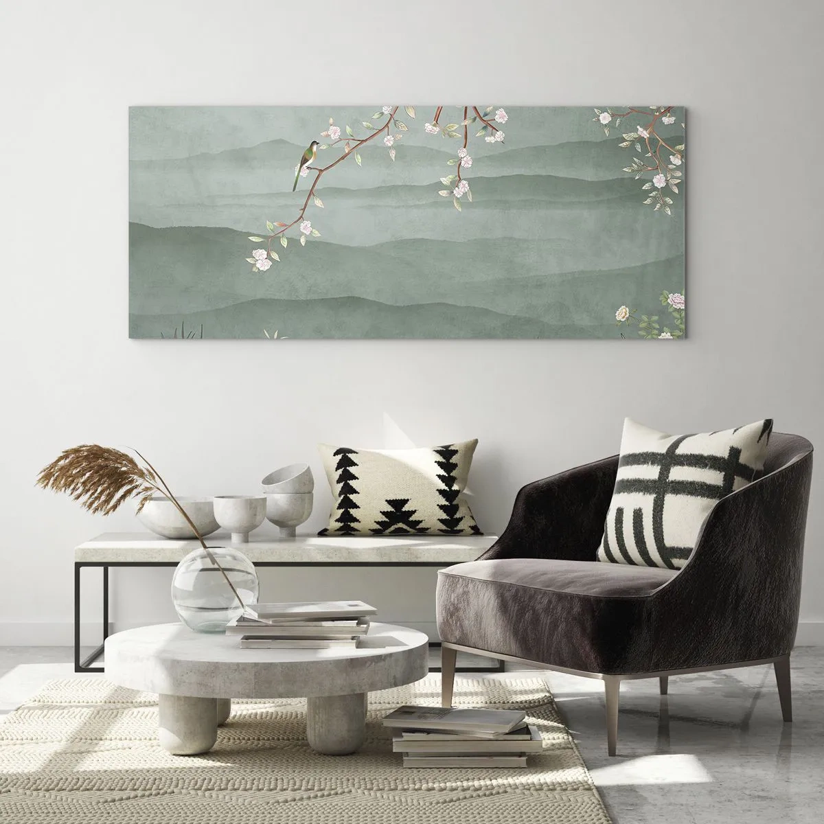 Cuadro sobre vidrio - Impresiones sobre Vidrio - Una imagen pintoresca de la rama de un árbol en flor con pájaros sobre un fondo de colinas verdes. - 140x50cm - Primavera, ah, eres tú - Decoración de pared moderna para salón y dormitorio ARTTOR