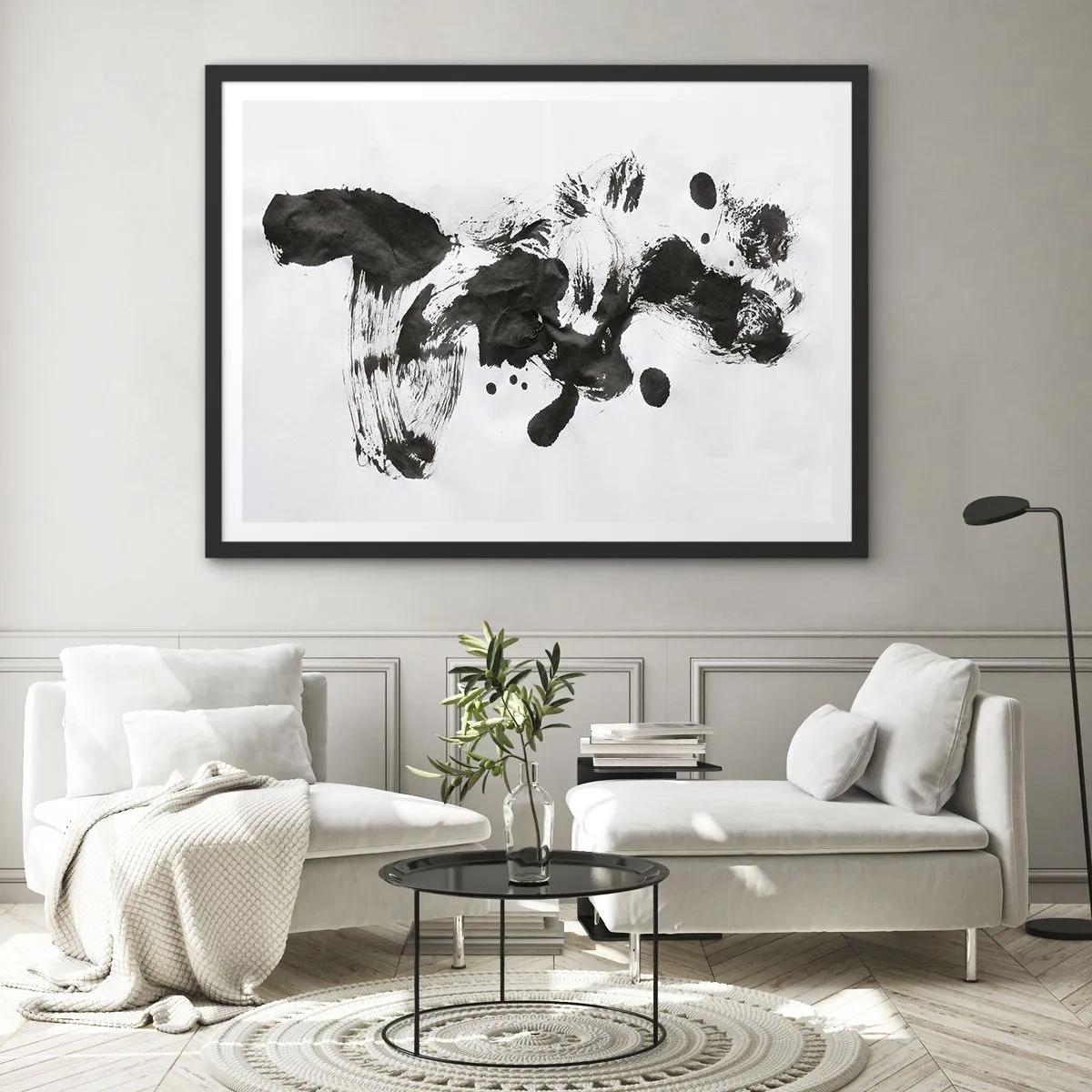 Póster en marco negro - Composición abstracta de manchas negras sobre fondo blanco. - 70x50cm - ¿Un método en la locura? - Decoración de pared moderna para salón y dormitorio ARTTOR