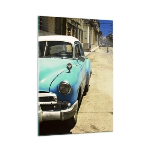 Cuadro sobre vidrio - Impresiones sobre Vidrio - Coche azul antiguo en la calle bajo el sol - 50x70cm - ¡Viva Cuba! - Decoración de pared moderna para salón y dormitorio ARTTOR