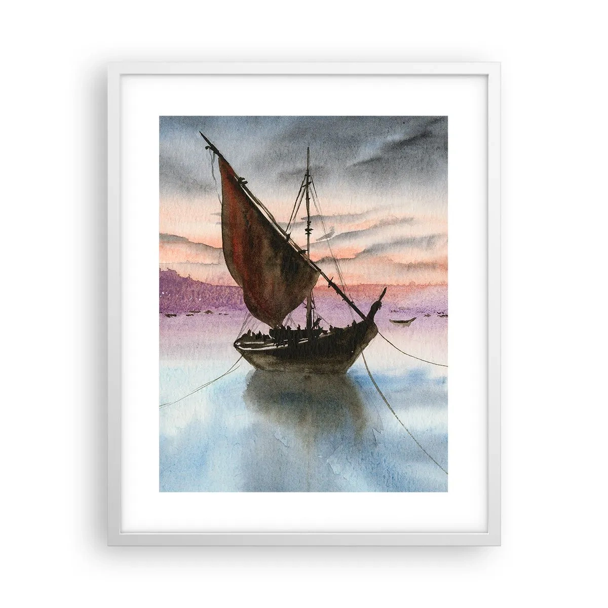 Póster en marco blanco - Atardecer en el puerto - 40x50 cm